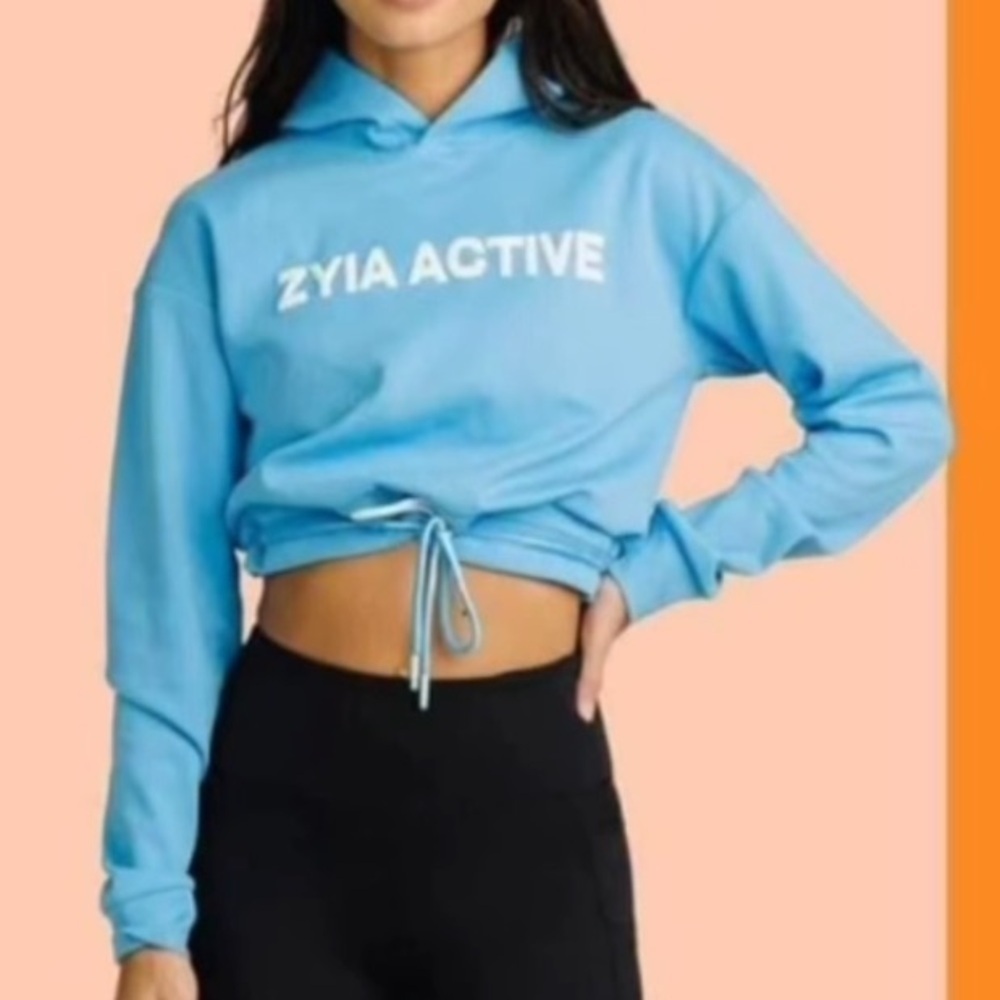 Like New ZYIA Light Blue Cropped Hoodie, tie band, size Medium